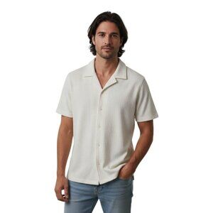 GUESS MEN'S SHORT SLEEVE TEXTURED BUTTON UP SHIRT IVORY CREAM